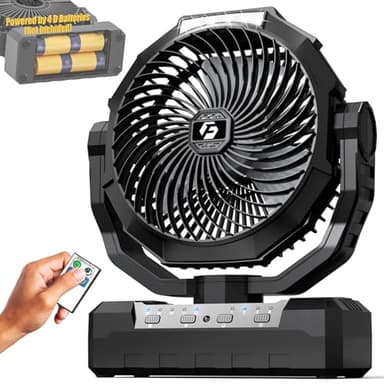 Battery Operated Fan [200H Max], 2 in 1 D-Cell Battery & USB Powered Fans, Portable Camping Fan with 4 Speeds, Light, Timer, Remote for Outdoor Tent, Travel, Picnic, Office, Bedroom - Black - Image 1