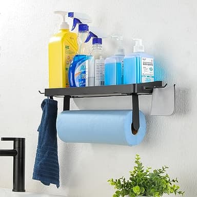 ZUNTO Garage Paper Towel Holder with Shelf, Black Stainless Steel Paper Towel Rack with Hooks, Wall Mount Paper Towel Holder for Kitchen, Garage Organization and Storage - Image 4
