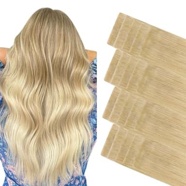 GOO GOO Invisi Edge Tape in Hair Extensions Human Hair, 18AT60A Pearl Ash Blonde Highlights 20pcs 24inch 50g, Virgin Remy Hair, Seamless Injected Tape, Natural Look - Image 1