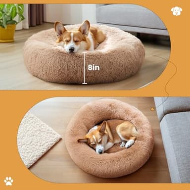 DUMOS Calming Donut Cat & Dog Bed for Small Dogs, Machine Washable Cuddle Warming Cozy Fluffy Faux Fur Plush Round Dog Bed, Anti-Anxiety Waterproof Anti-Slip Pet Bed, Brown, 20×20×8 Inches - Image 2