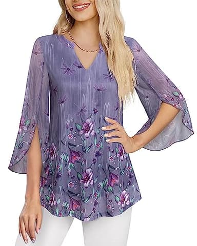 VALOLIA Women's 3/4 Sleeve Shirts, Dressy Tops For Women For Evening Party, Floral Tunic Shirts for Women Bell Sleeve Blouse Lightweight Comfy Tops Elegant Pleated Layered Swing Blouses Large Purple - Image 3
