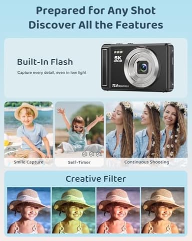 5K Digital Camera - 72MP UHD Digital Cameras for Photography - Autofocus Point and Shoot Small Camera with Flash for Kids - 2.8 Inch Screen Compact Portable Vlogging Camara with 16X Zoom, 32GB SD Card - Image 6