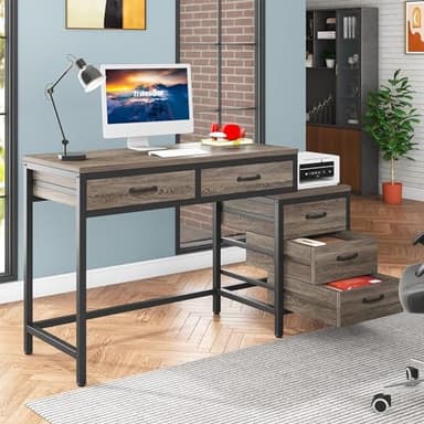 Tribesigns Computer Desk with 5 Drawers, Home Office Desks with Reversible Drawer Cabinet Printer Stand, Industrial PC Desk with Storage, Grey Study Writing Table Workstation for Small Spaces - Image 2