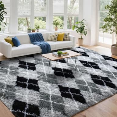 DweIke 5x8 Rugs for Living Room Bedroom, Fluffy Geometric Area Rug, Soft Plush Shaggy Floor Carpet Mat for Nursery Kids Girls Boys Teen Dorm Home Decor Aesthetic, Grey and Black - Image 3