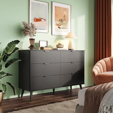 WLIVE Black Dresser for Bedroom, 47.24'' Wide 6 Drawer Wood Dresser Storage Organizer with Sturdy Metal Handle, TV Stand for 55 inch TV, Chest of Drawers for Living Room, Hallway, Closet - Image 2