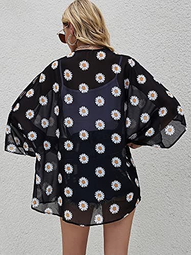 Chunoy Women's Summer Short Sleeve Floral Chiffon Kimono Cardigan Open Front Beach Wear Loose Cover Up Black Medium - Image 6
