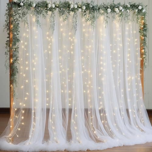 PARTISKY 10x8ft White Tulle Backdrop Curtain with Lights String for Parites, Sheer Backdrop Curtains for Wedding Baby Shower Birthday Party Photo Shoot Decorations - Image 1