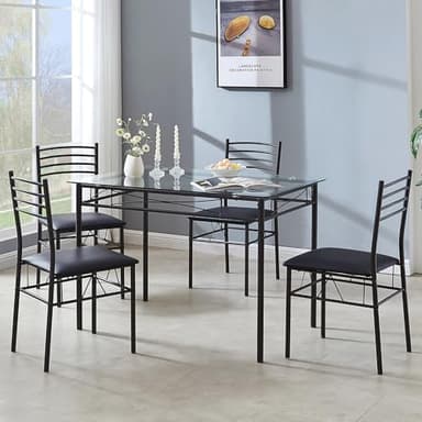 VECELO Kitchen Dining Table and Chairs Set for 4, PU Padded Seat & Glasses Tabletop, Space Saving, Matte Black - Image 4