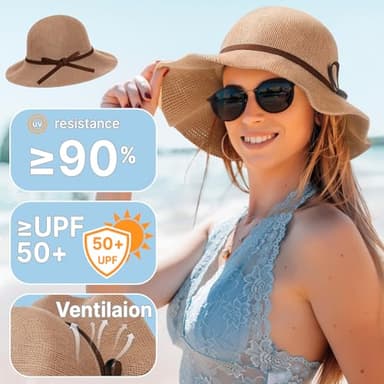 Sun Beach Hats Summer for Women, UPF 50+ UV Sun Protection Woven Crochet Hat Foldable Packable Roll up Knitted Cap, Khaki - Image 4