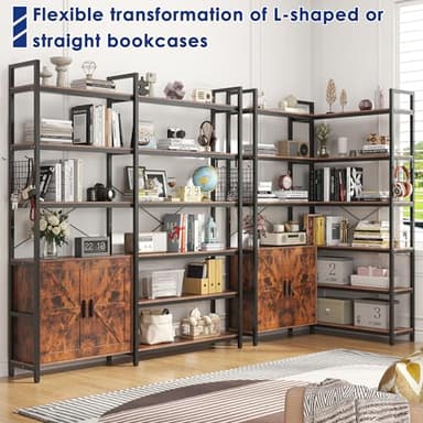 Nosepen 6 Tire Large L Shaped Bookshelf & Corner Bookcase with Storage Cabinet and 2 Barn Doors and 10 Storage Shelves, 71.3" Tall Farmhouse Etagere L Shaped Book-Shelf with Metal Frame(Brown) - Image 3