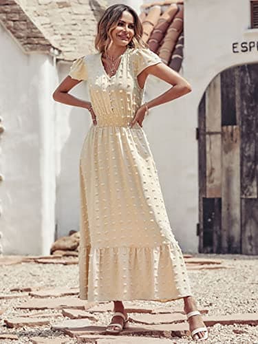 PRETTYGARDEN Womens Summer Dresses 2025 Casual Short Sleeve Swiss Dot Maxi Dress for Wedding Guest V Neck Flowy Long Dresses(Apricot, Medium) - Image 3