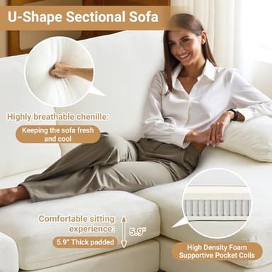 VINGLI 110" Sectional Couches for Living Room,U Shaped Couch with Double Chaise, 4-Seat Sofa Set with Chenille Fabric for Home Furniture,Beige - Image 7