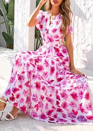 PRETTYGARDEN Women's 2025 Summer Boho Maxi Dresses Floral Short Sleeve V Neck A Line Tiered Flowy Long Beach Vacation Dress (White Pink Floral,Large) - Image 5