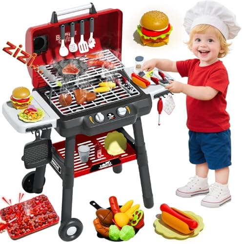 Kids BBQ Grill Playset, Kitchen Playset with Smoke Sound Light and Wheel, Movable Pretend Play Toy Grills for Kids Ages 4-8, 2-Layer Outdoor Cooking Toys for Toddlers 3-5 Birthday Gifts - Image 1