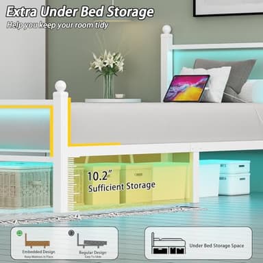 Gohapnis Twin Bed Frames with Headboard and Footboard,White Metal Platform Bed Frame with RGB LED Lights and USB Charging Station,Under Bed Storage,No Box Spring Needed,Suitable for Bedrooms - Image 4