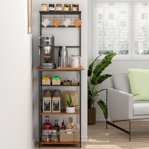 5 Tier Coffee Bar Station, Kitchen Stand with 4 S-Shaped Hooks, Farmhouse Corner Coffee Bar Cabinet for Small Spaces, Bakers Rack for Kitchen, Entryway, Living Room, 13.43" D x 18.93" W x 53.31" H - Image 1