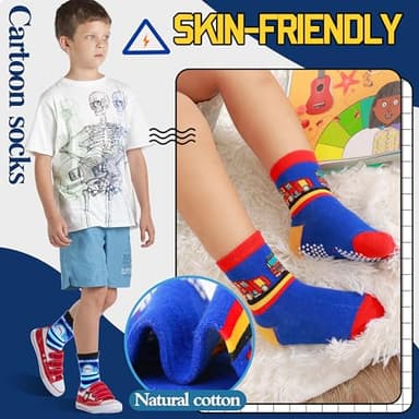 Welwoos Baby Boys Grips Socks Kids Toddlers Infants Non Slip Anti Skid Funny Animal Cartoon Gift Cotton Socks with Grippers 12 Pairs Stocking Stuffers (Dinosaur/Cars/Shark,3-5 Y) - Image 2