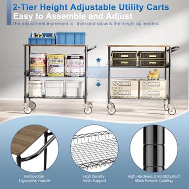Leteuke Rolling Kitchen Carts with Wheels, 34" L x 17.5" W, 3-Tier Heavy Duty Utility Cart with Wood Tabletop, NSF Commercial Metal Serving Cart with Handle and Shelf Liner for Kitchen, Black - Image 4