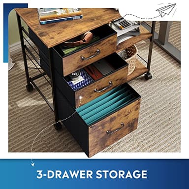 DEVAISE 3 Drawer Mobile File Cabinet, Rolling Printer Stand with Open Storage Shelf, Fabric Lateral Filing Cabinet fits A4 or Letter Size for Home Office, Rustic Brown Wood Grain Print - Image 4