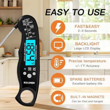 KULUNER TP-01 Waterproof Digital Instant Read Meat Thermometer with 4.6 Folding Probe Backlight Calibration Function for Cooking Food Candy, BBQ Grill, Liquids,Beef(Black) - Image 2