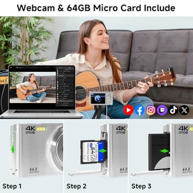 Digital Camera, FHD 4K 44MP Digital Camera, 16X Digital Zoom, Digital Point and Shoot Camera with 3-LED Fill Lights, 64GB SD Card, Compact Camera for Kids Teen Boys Girls, Sliver - Image 7