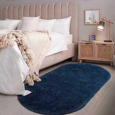 Softlife Fluffy Rugs for Bedroom, Shag Cute Area Rug for Girls/Boys and Kids Baby Room Home Decor, 2.6 x 5.3 Feet Oval Indoor Carpet for Nursery Dorm Living Room, Navy Blue - Image 4