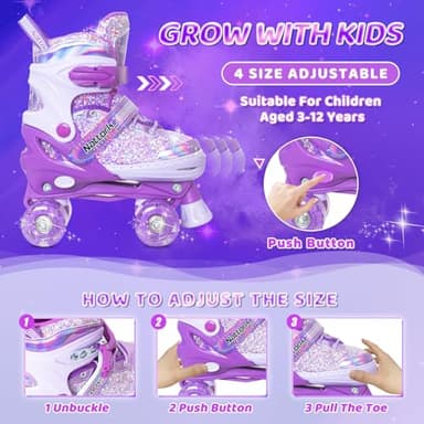 Nattork Kids Roller Skates for Girls Kids, 4 Sizes Adjustable Girls Roller Skates for Ages 3-12 with Light up Wheels & Safety Protection - Cool Birthday Gift for Indoor Outdoor Sports - Image 3