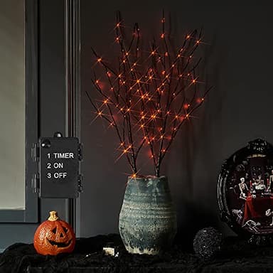 LITBLOOM Halloween Tree Branch Lights 32IN 100 Orange LED with Timer, Lighted Black Twig Branches with Fairy Lights for Halloween Decoration Indoor Outdoor - Image 6