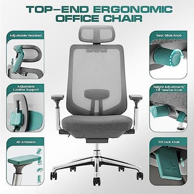 COLAMY Ergonomic Mesh Office Chair, High Back Office Chair, Computer Executive Desk Chair with Lumbar Support,Adjustable Headrest and 4D Arms, Slide Seat, Tilt Lock-Darkgrey New - Image 4