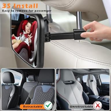 Semxnly Baby Car Mirror with Light - Rechargeable Baby Mirror for Car with Remote Control, Clear Vision, 360° Rotation Rear Facing Car Seat Mirror, Shock and Shatter Resistant - Image 7