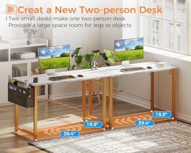 ODK Computer Desk, 40 Inch Small Study Desk, Office Desk with Storage, Work Table with Headphone Hook for Small Space Home Office, White Marble + Gold Leg - Image 6