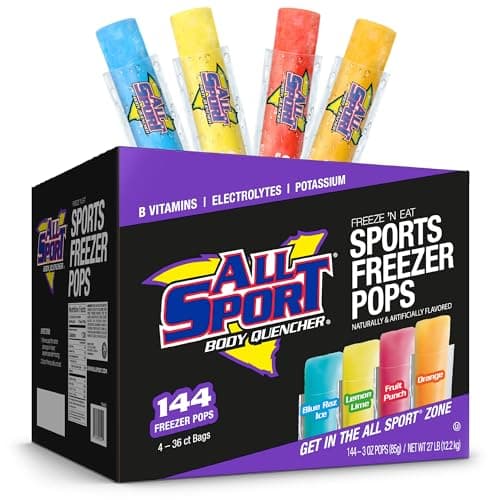 All Sport Freezer Pops, Giant Sized 3oz, 144 CT, Refreshing Ice Pops with Electrolytes, B Vitamins & Potassium –Blue Raz Ice, Lemon Lime, Fruit Punch & Orange - Image 1