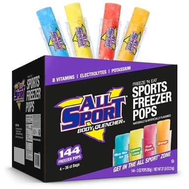 All Sport Freezer Pops, Giant Sized 3oz, 144 CT, Refreshing Ice Pops with Electrolytes, B Vitamins & Potassium –Blue Raz Ice, Lemon Lime, Fruit Punch & Orange - Image 1