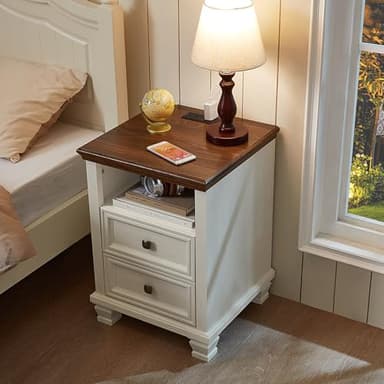 SAVOR LIFE Farmhouse Nightstand Set of 2 with Charging Station, Rustic White Nightstand,2 Drawers End Table for Living Room,Bedside Table with Open Shelf for Bed Room,White - Image 8