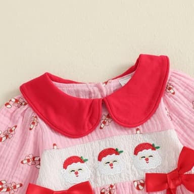 Doisbetthsay Newborn Baby Girls Christmas Outfit Long Sleeve Doll Collar Candy Cane Santa Smocked Romper One Piece Clothes - Image 5