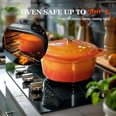 Overmont Enameled Cast Iron Dutch Oven - 5.5QT Pot with Lid Cookbook & Cotton Potholders - Heavy-Duty Cookware for Braising, Stews, Roasting, Bread Baking orange - Image 6