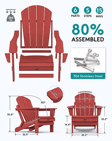 SERWALL Folding Adirondack Chair Outdoor Adirondack Chairs Weather Resistant for Patio - New Red - Image 3