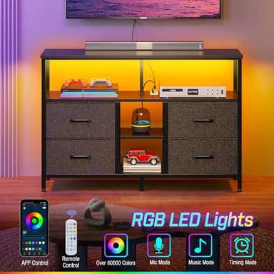 Rolanstar TV Stand with Power Outlets and LED Light, 4 Fabric Drawers Entertainment Center for 32/45/55 inch TVs, Media Console with Storage for Living Room or Bedroom, Black - Image 4