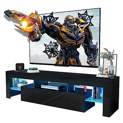 CFTEL Black TV Stand, 60 65 70 75 inch Wood TV Stand, High Glossy Entertainment Center with Large Drawers＆Glass Display Shelf, LED Modern Media Gaming Cabinet TV Console for Livingroom, Bedroom - Image 1