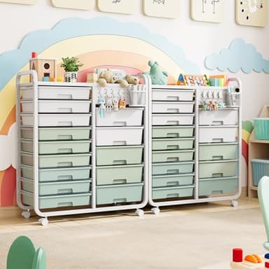 SYKIARIOL 14 Drawer Rolling Cart with Tabletop & DIY Pegboard, Storage Cart with Wheels, Classroom Organizers Utility Cart for Office Home School, Art Supplies, Mobile Craft Organizer, Green - Image 2