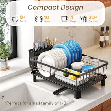 Dish Drying Rack - Small Dish Rack for Kitchen Counter, Stainless Steel Dish Drainer with Utensil Holder and Drainboard (Black) - Image 2