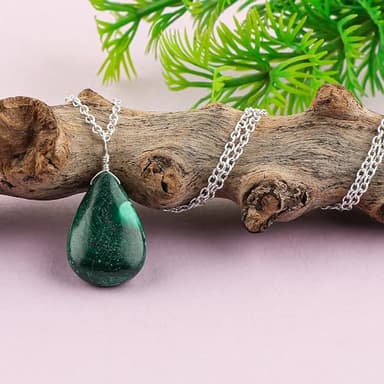 CRYSTALINES Natural Green Malachite Gemstone Pendant Necklace, Polished Stones, Chakra Healing Crystals, Handmade Jewelry, Silver Plated-Adjustable Chain-18 inch, Mother's Day - Image 2