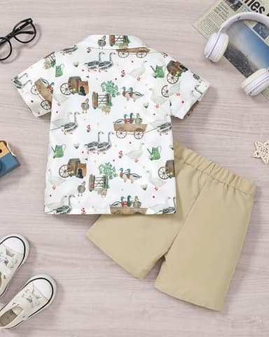 Coco&RARA Toddler Boy Clothes Baby Flamingo Hawaiian Outfits Short Sleeve Shirt + Elastic Waist Shorts Summer Beach Set(Duck + Khaki, 2-3T) - Image 2