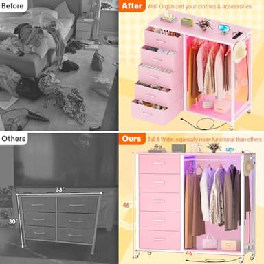 Cyclysio Dresser with Hanging Rack, 5 Fabric Drawers Dresser with Clothes Rack, Wooden Top Storage Chest of Drawers with Charging Station & LED Lights, Lockable Wheels, Closet - Image 5