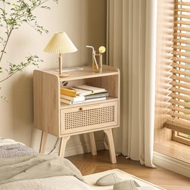 Lerliuo Rattan Nightstands Set of 2 with Charging Station, Boho Night Stand with Handmade Natural Rattan Drawer and Open Shelf, Side End Tables with Solid Wood Legs for Bedroom, Dorm, Small Spaces - Image 8