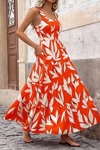 PRETTYGARDEN Women's Summer Floral Maxi Dress Sleeveless Smocked Ruffle Long Flowy Beach Vacation Boho Sundresses (Floral Orange Beige,Small) - Image 9