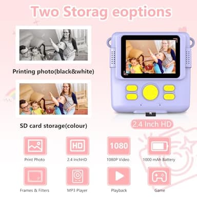Radekly Instant Print Camera for Kids,Christmas Birthday Gifts for Age 3-12 Girls Boys，1080P HD Digital Video Cameras for Toddler,Kids Portable Toy with 3 Rolls Photo Paper，32GB Card-Purple - Image 2