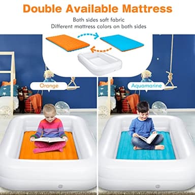 USHMA Toddler Travel Bed [4-Side] | Reversible 2 Colors Kids Air Mattress | Inflatable Toddler Bed | Portable Kids Blow Up Travel Bed with Sides, Orange & Aquamarine - Image 4