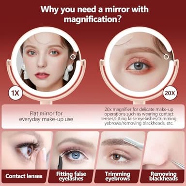 MIYADIVA Makeup Mirror with Lights,20X Magnifying Mirror with Light and Touch Switch,Vanity Mirror with 3 Color Light and 80 LEDs,2-Sided Lighted Magnified Mirrors 8.8 Inches, Pink - Image 3