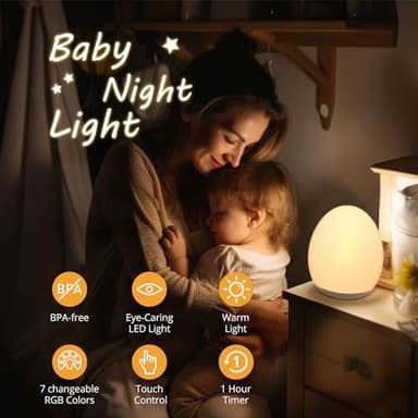 JolyWell Night Light for Kids, Baby Egg Light with 7 Colors Changing Mode & Stepless Dimming, Nursery Night Lamp BPA Free,Rechargeable Egg Night Light for Breastfeeding 1h Timer & Touch Control, Wood - Image 2